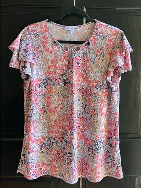 Southern Lady, Navy, Peach & Tan Floral print, Keyhole, Ruffle Sleeve Top, Large